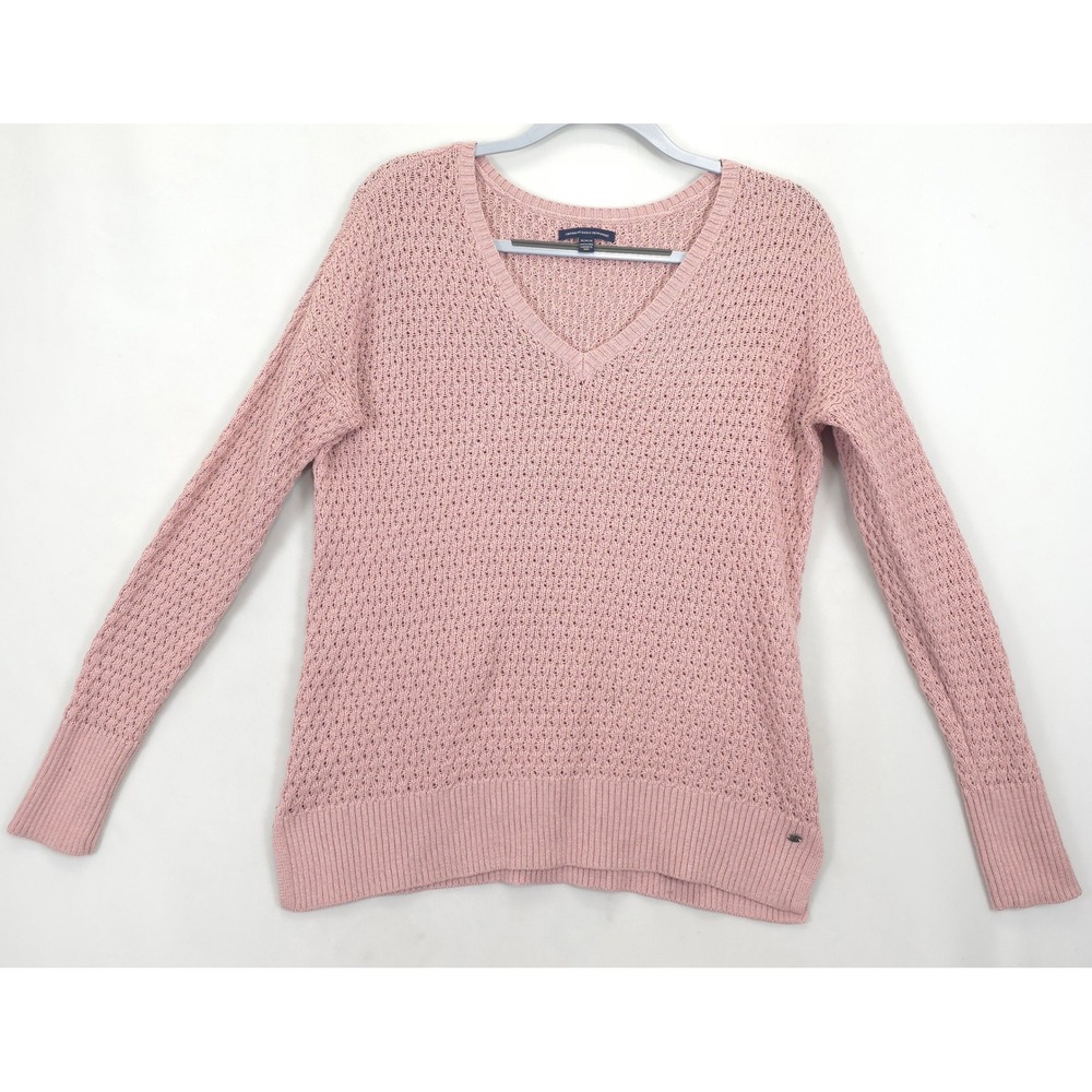 American Eagle Outfitters Pink Knit V Neck Sweater Women M Textured Open Weave